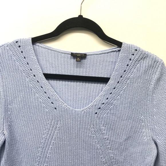 TALBOTS Petite Women's MP Cable Knit Light Blue Sweater 100% Pima Cotton - Picture 2 of 5